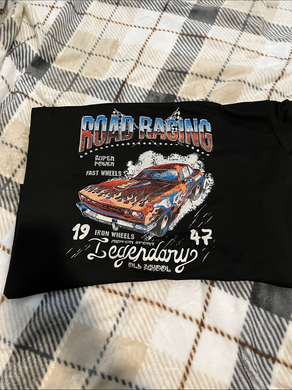 SHEIN Black Graphic Crop Top with Blue and Orange Racing Print